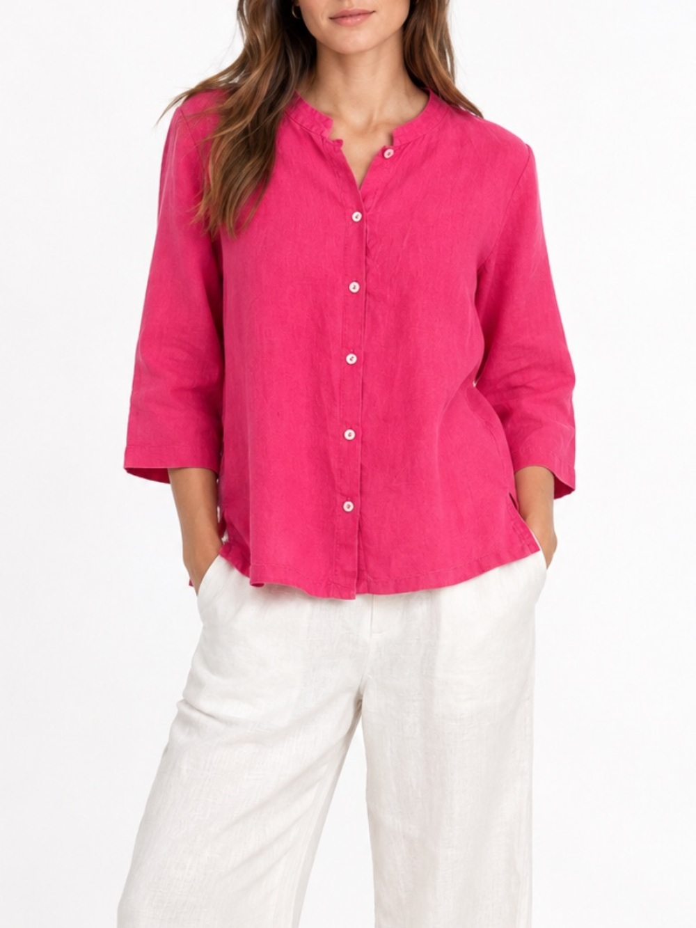Eileen Fisher Fuchsia Linen Boxy Button Down Shirt